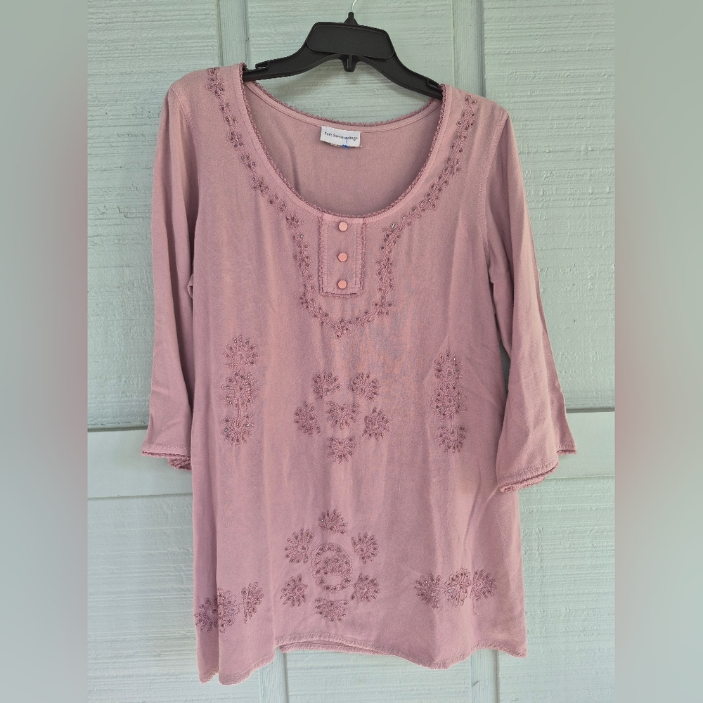 Soft Surroundings Mauve Pink Embroidered Scoop Neck Blouse